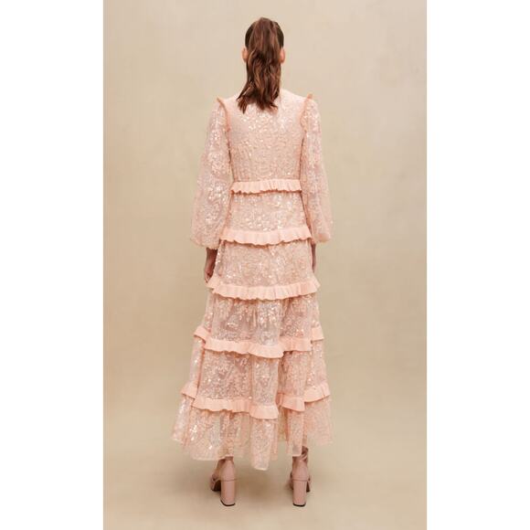 Maje Pale Pink Ruffled V-Neck Sequin Party Formal Dress Size 36/ US 4 - Picture 3 of 14